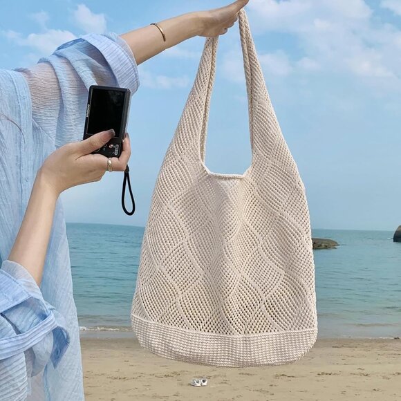 Women's Beige 4 Crochet Bag Cute Mesh Summer Knitted Shoulder Beach Tote Bag - Picture 6 of 7